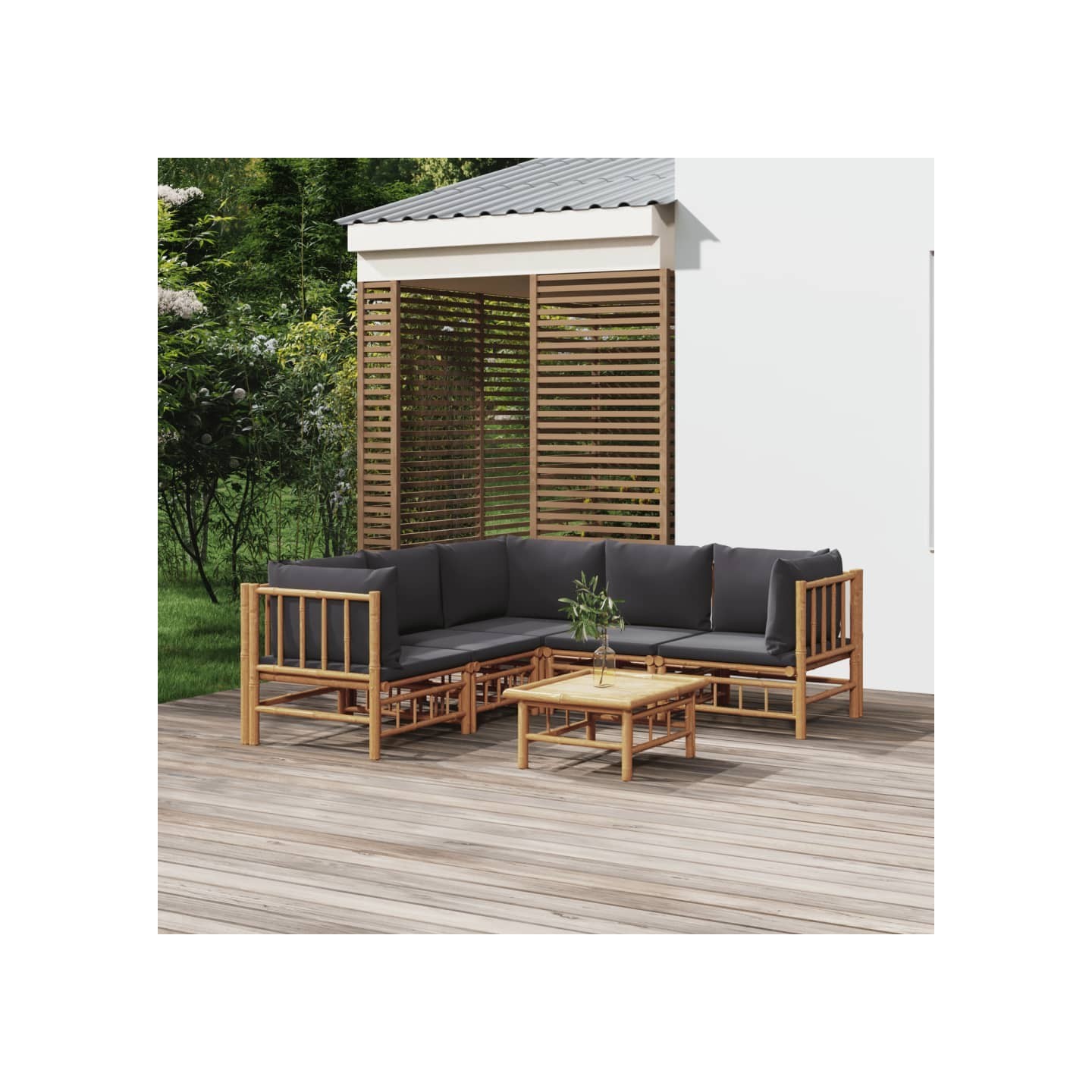 Salon de jardin 6 pcs avec coussins gris foncé bambou
