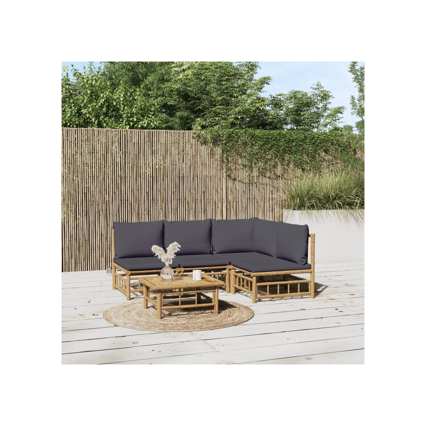 Salon de jardin 5 pcs avec coussins gris foncé bambou