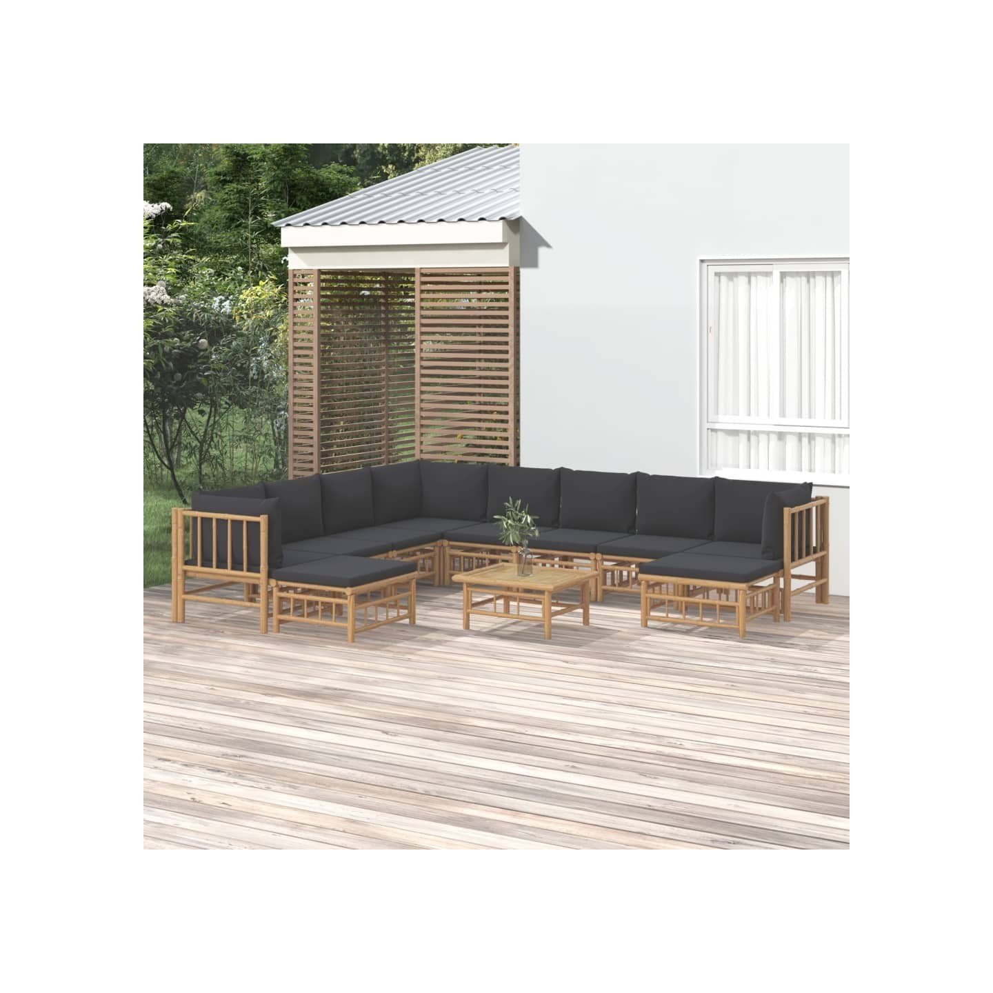 Salon de jardin 11 pcs avec coussins gris foncé bambou