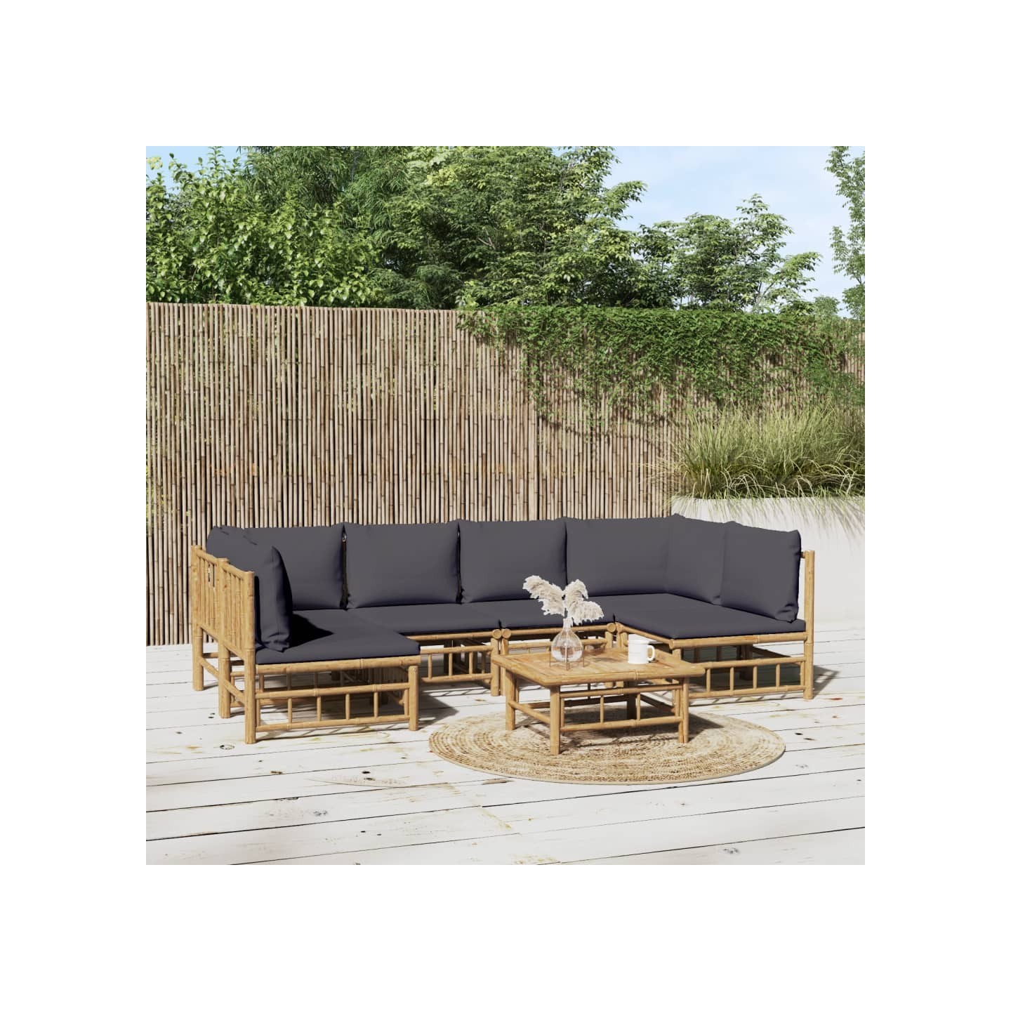Salon de jardin 7 pcs avec coussins gris foncé bambou