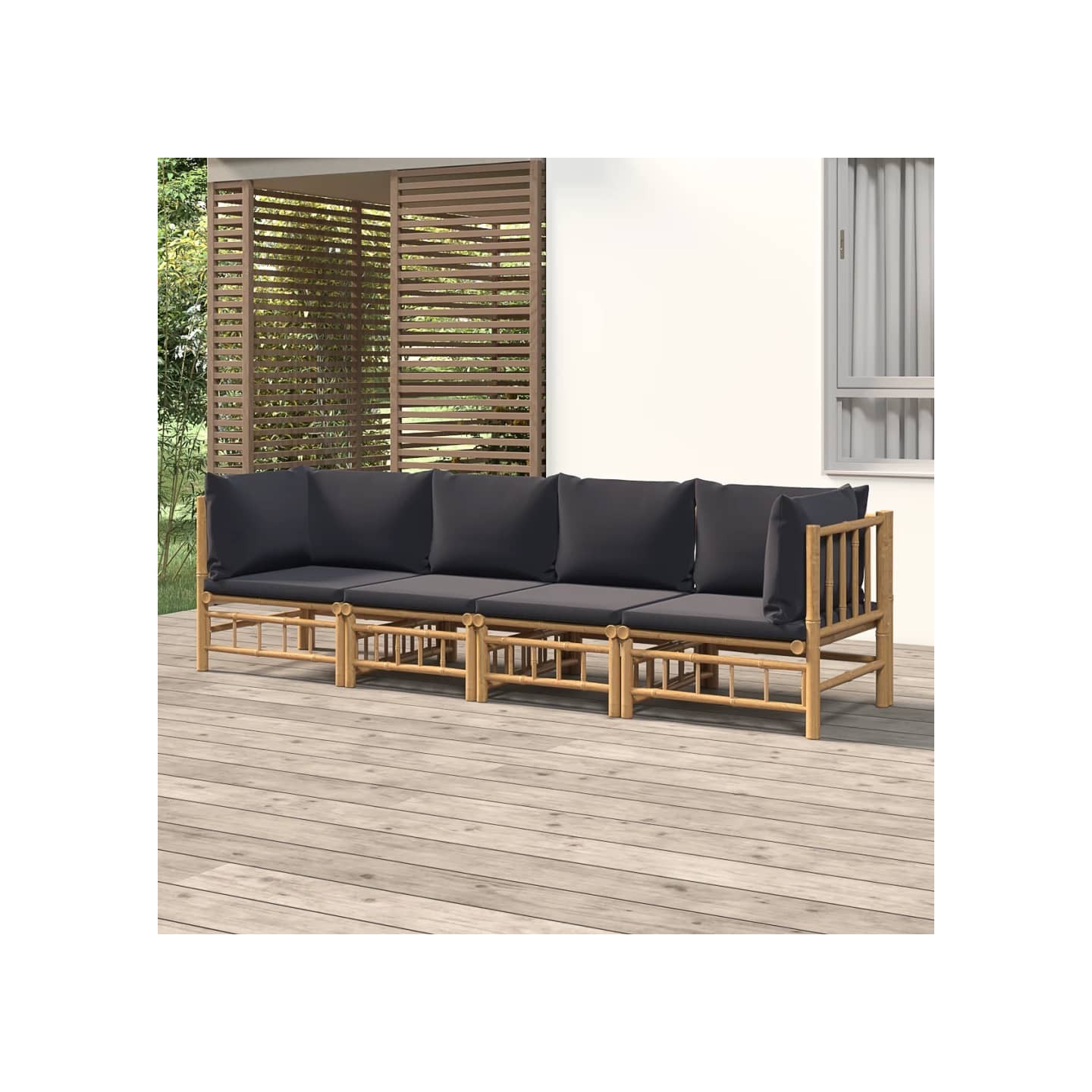 Salon de jardin 4 pcs avec coussins gris foncé bambou