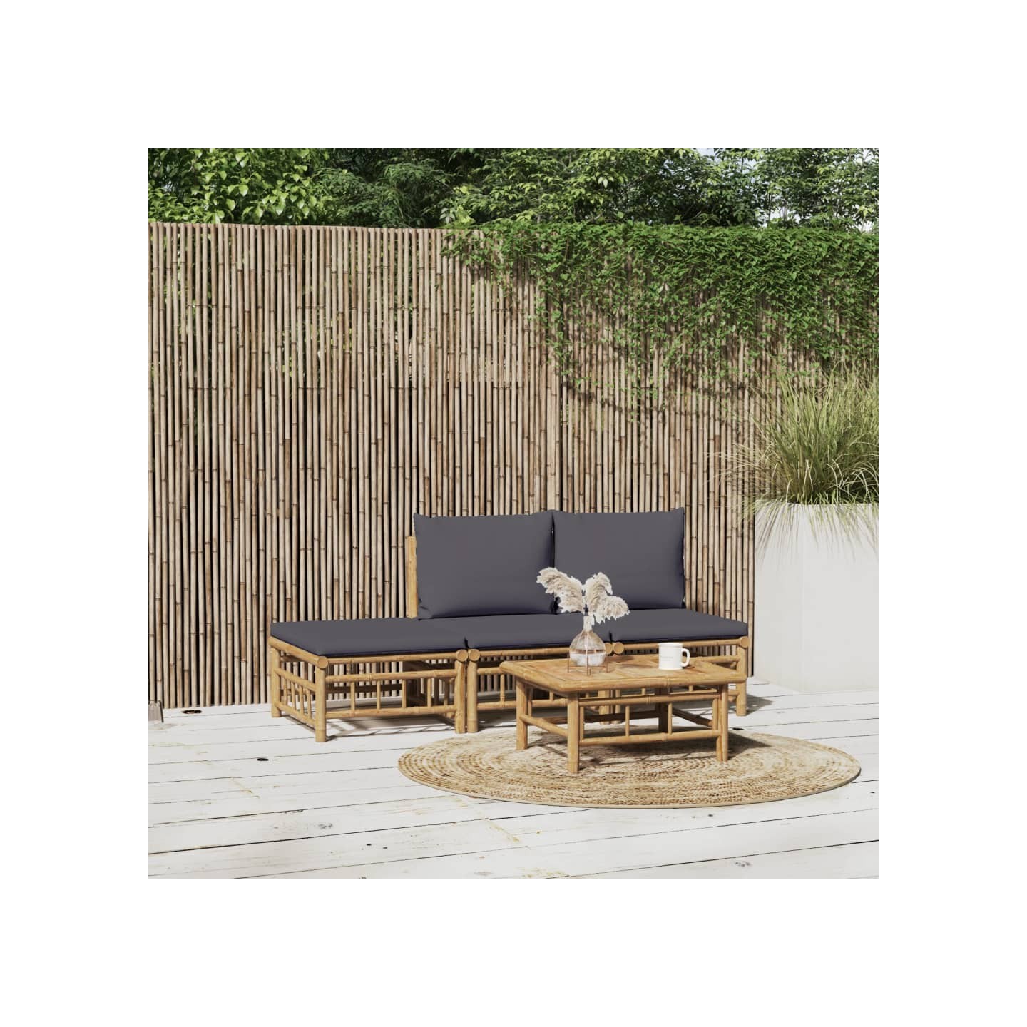 Salon de jardin 4 pcs avec coussins gris foncé bambou