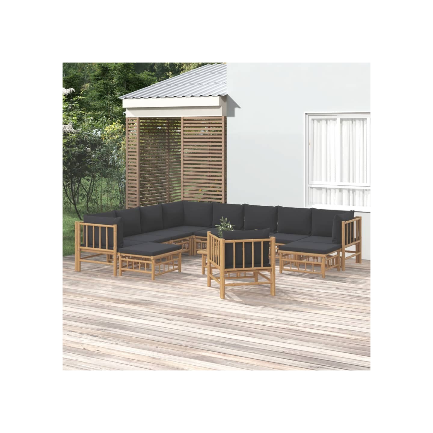 Salon de jardin 12 pcs avec coussins gris foncé bambou