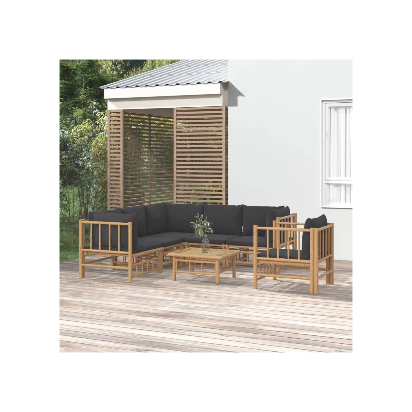 Salon de jardin 7 pcs avec coussins gris foncé bambou