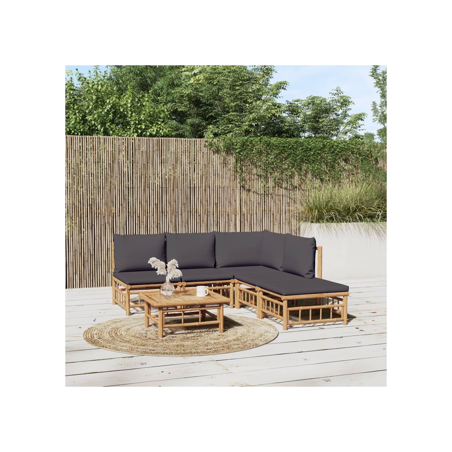 Salon de jardin 6 pcs avec coussins gris foncé bambou