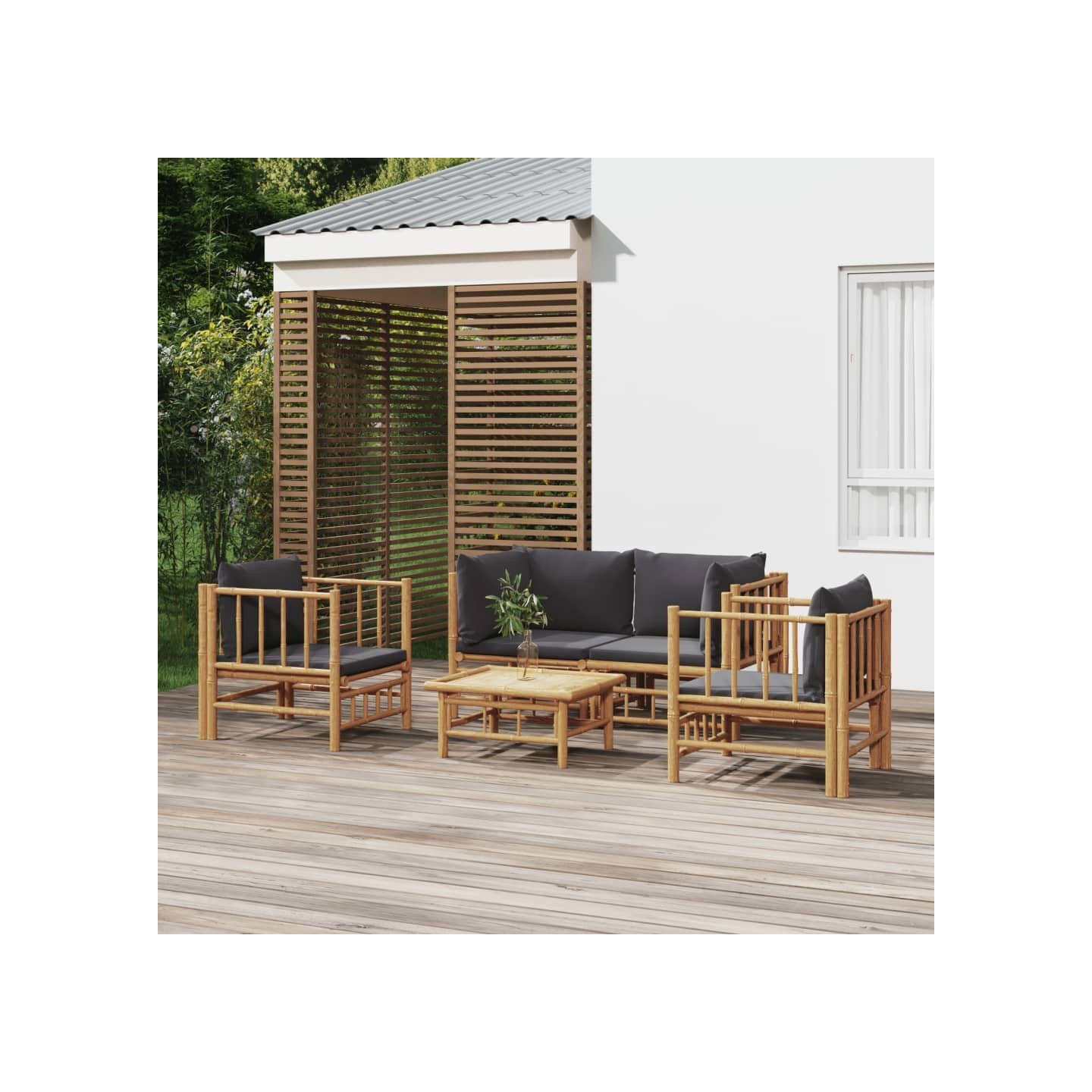Salon de jardin 5 pcs avec coussins gris foncé bambou