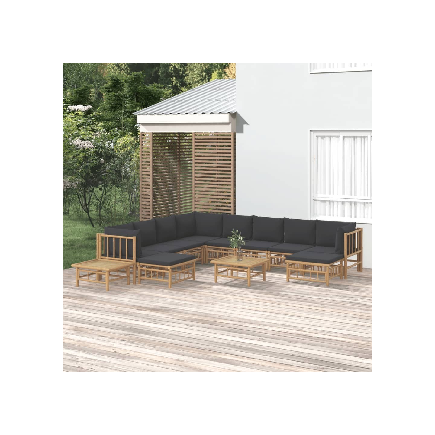 Salon de jardin 12 pcs avec coussins gris foncé bambou