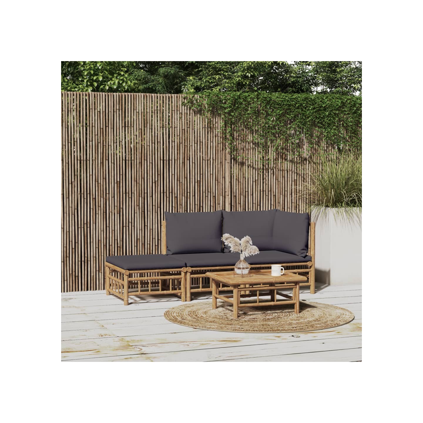 Salon de jardin 3 pcs avec coussins gris foncé bambou