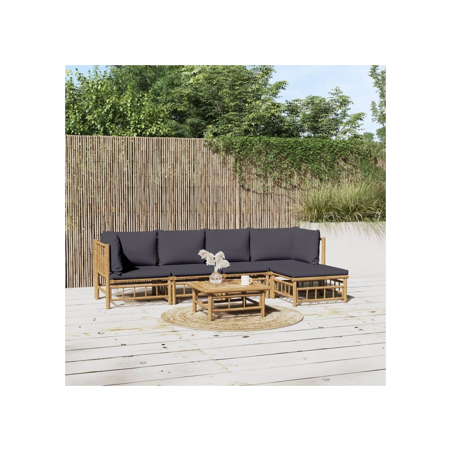 Salon de jardin 6 pcs avec coussins gris foncé bambou