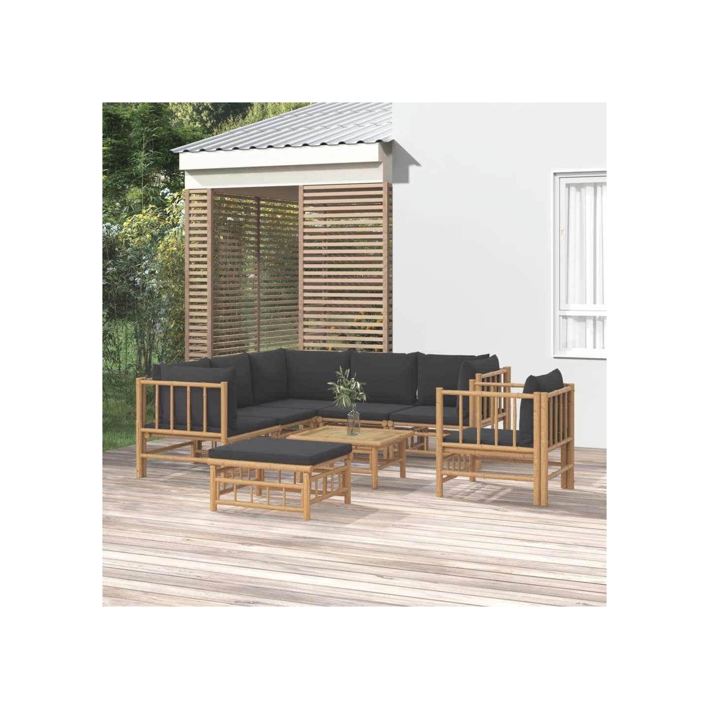 Salon de jardin 8 pcs avec coussins gris foncé bambou