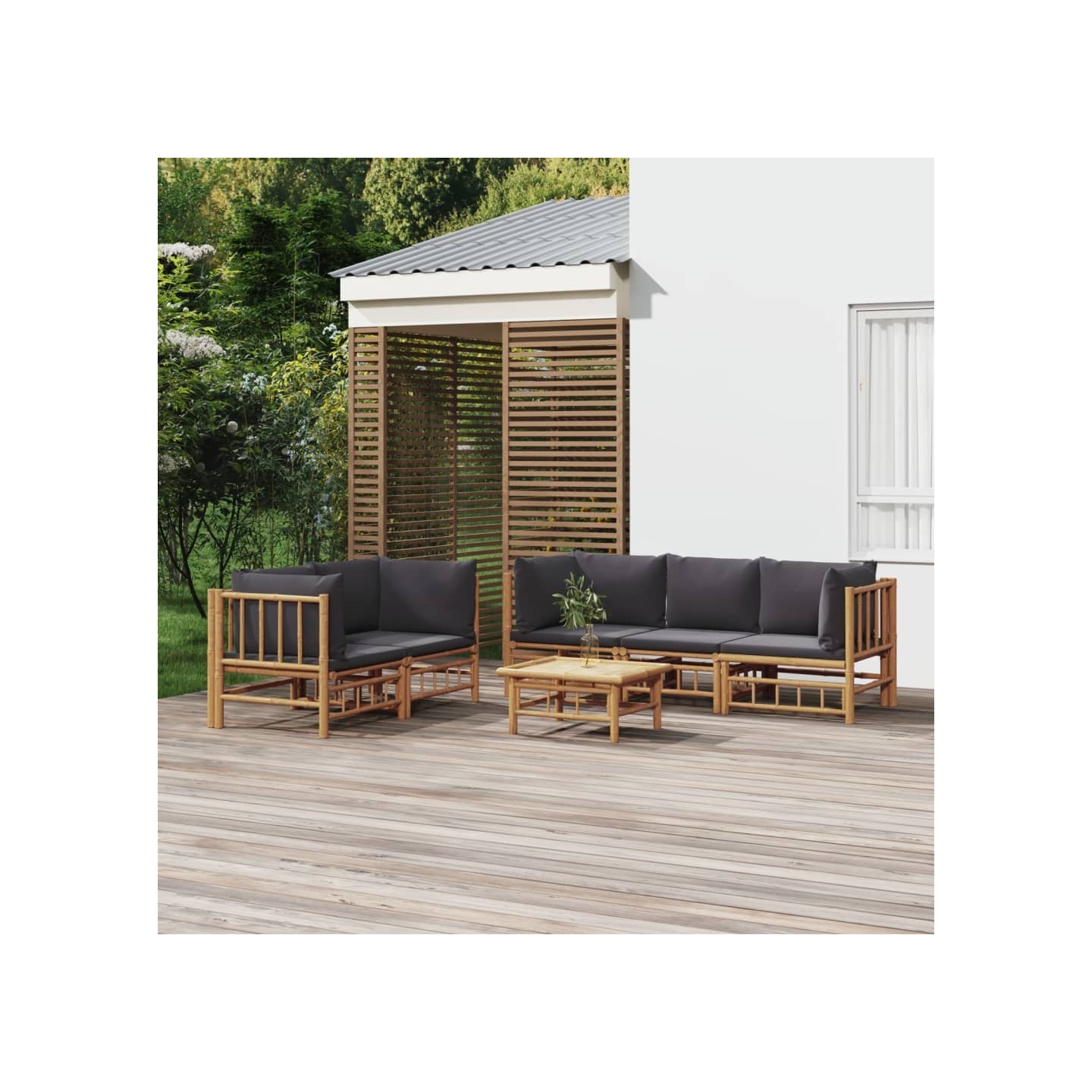 Salon de jardin 6 pcs avec coussins gris foncé bambou