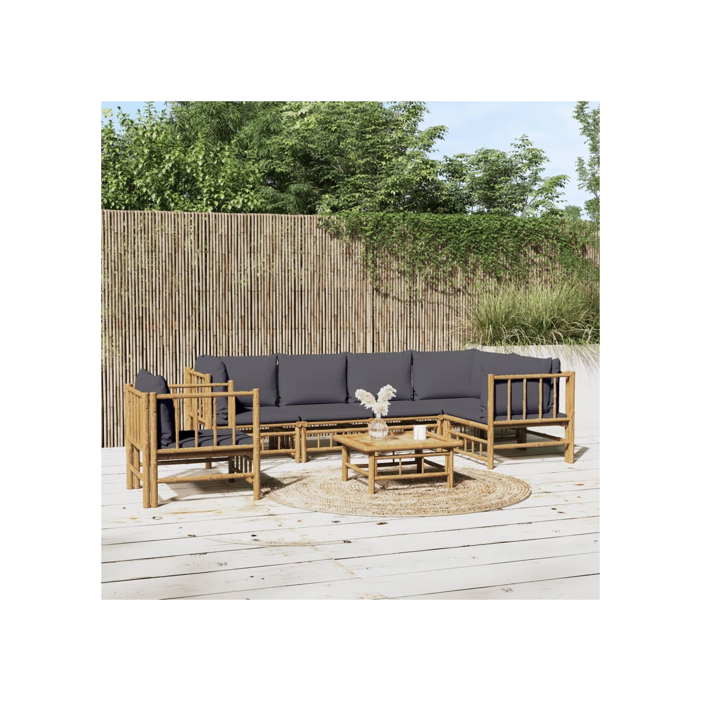Salon de jardin 7 pcs avec coussins gris foncé bambou