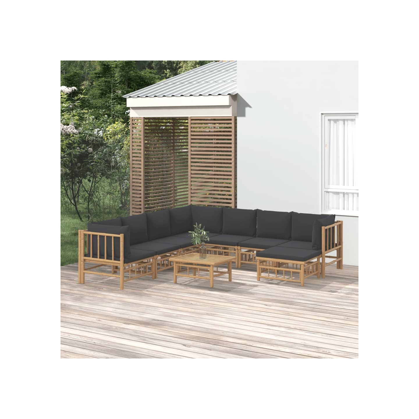 Salon de jardin 9 pcs avec coussins gris foncé bambou
