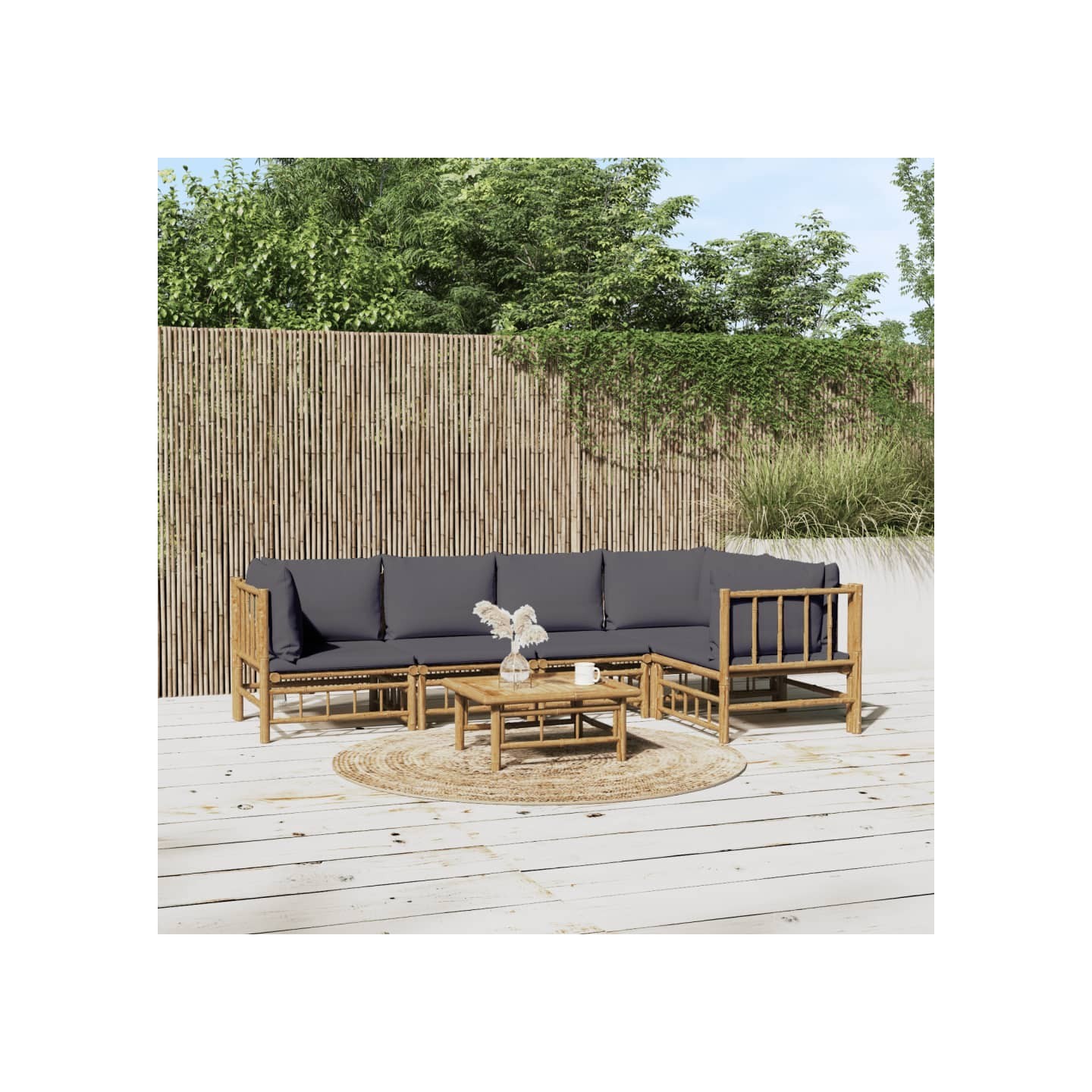 Salon de jardin 6 pcs avec coussins gris foncé bambou