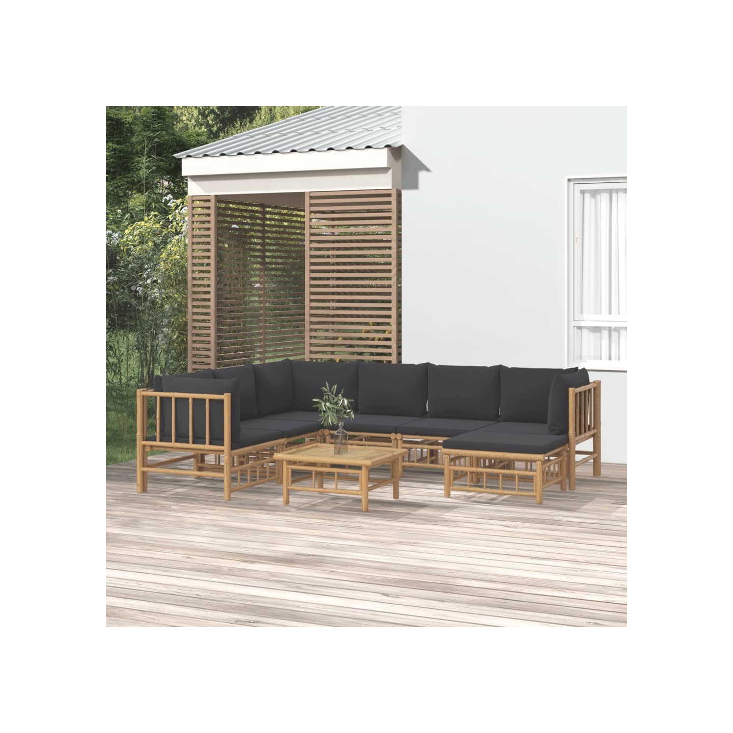 Salon de jardin 8 pcs avec coussins gris foncé bambou