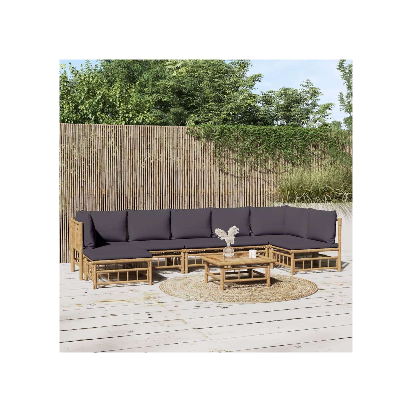 Salon de jardin 8 pcs avec coussins gris foncé bambou