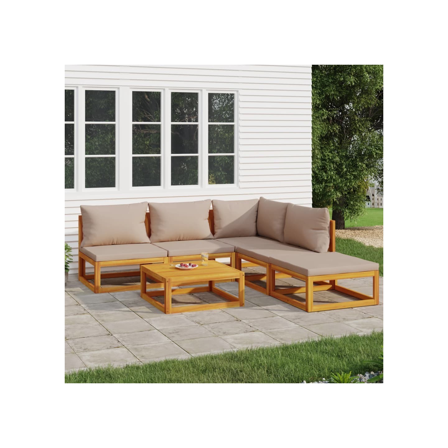 Salon de jardin 6 pcs avec coussins taupe bois massif