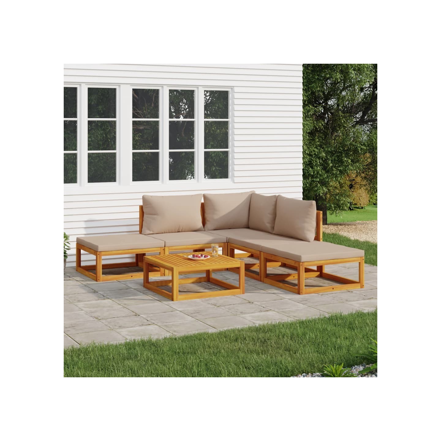 Salon de jardin 6 pcs avec coussins taupe bois massif