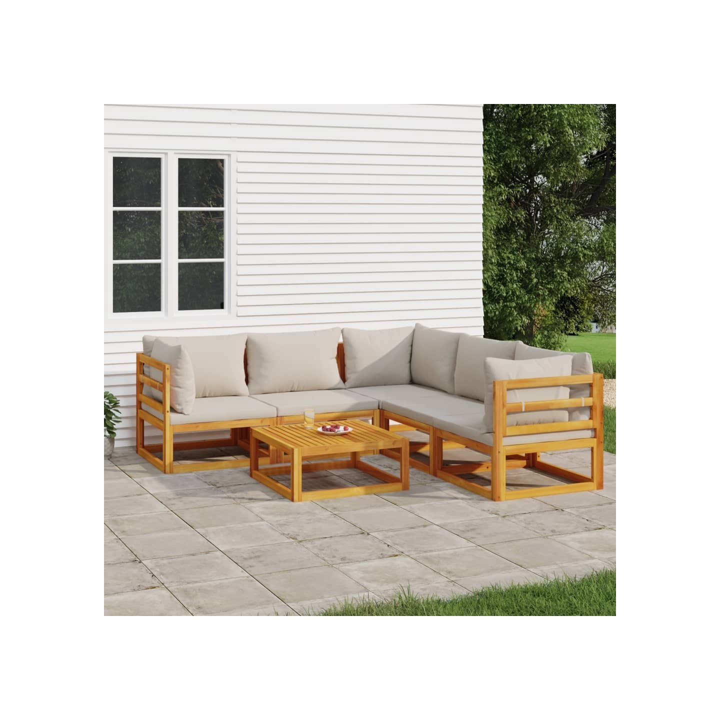 Salon de jardin 6 pcs avec coussins gris clair bois massif