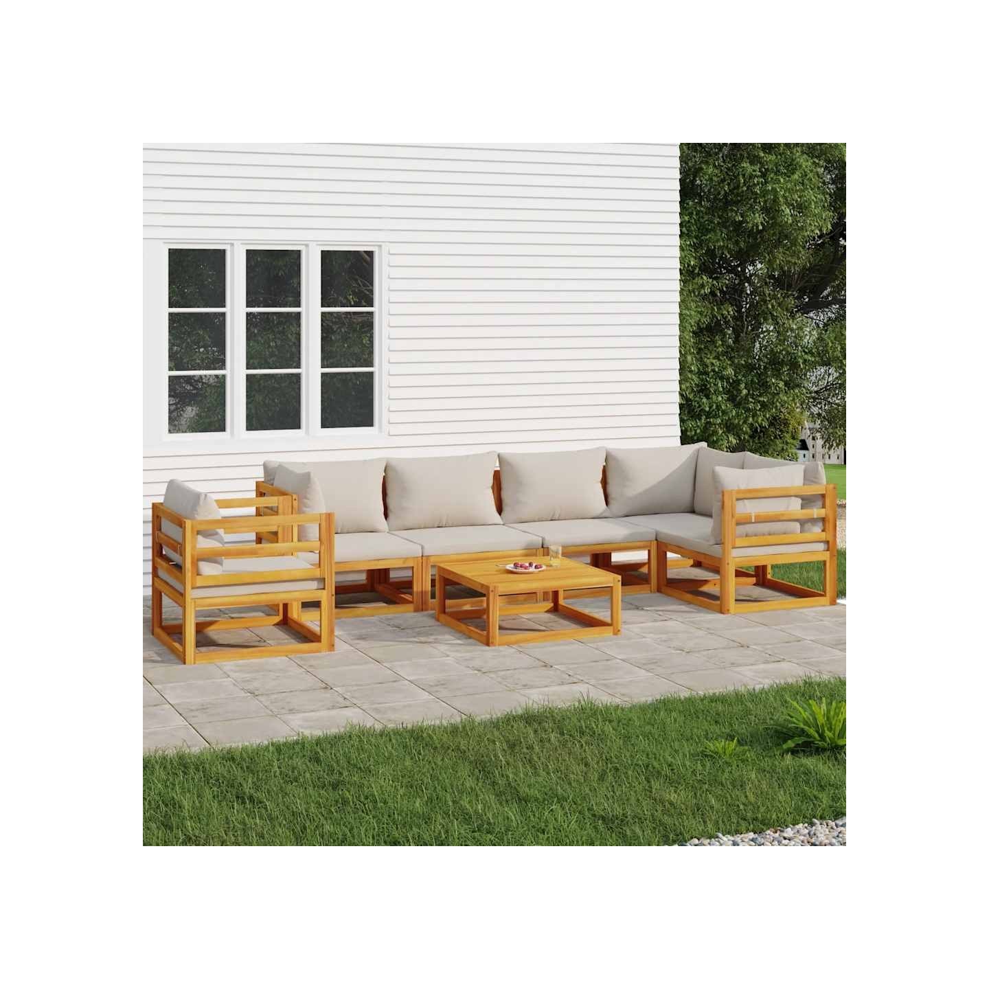 Salon de jardin 7 pcs avec coussins gris clair bois massif