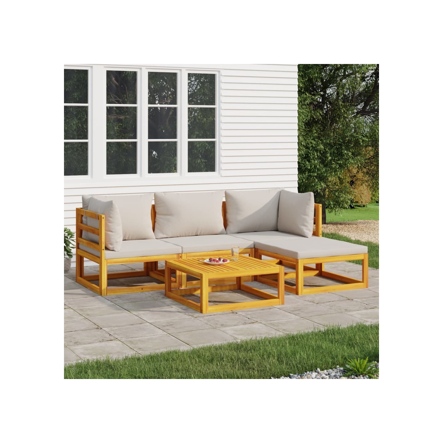 Salon de jardin 5 pcs avec coussins gris clair bois massif