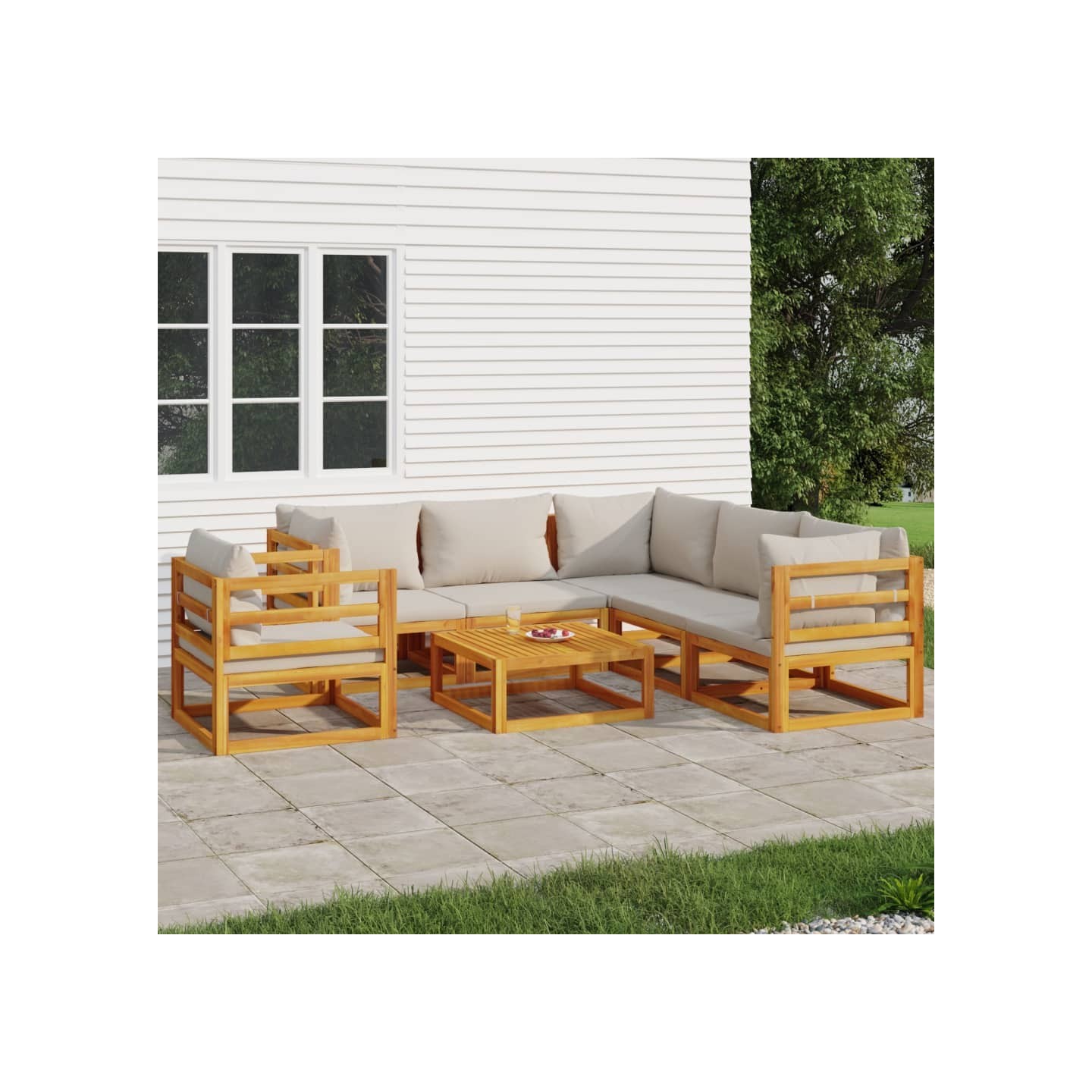 Salon de jardin 7 pcs avec coussins gris clair bois massif