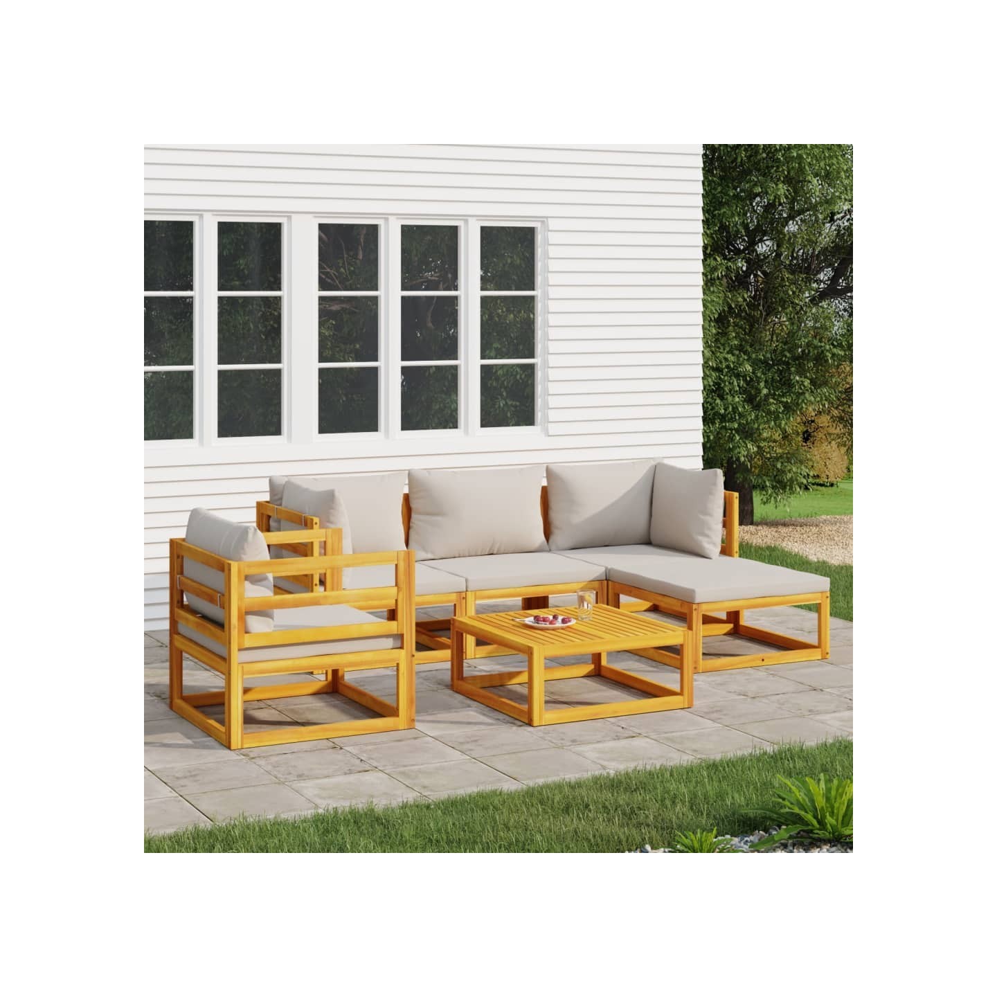 Salon de jardin 6 pcs avec coussins gris clair bois massif