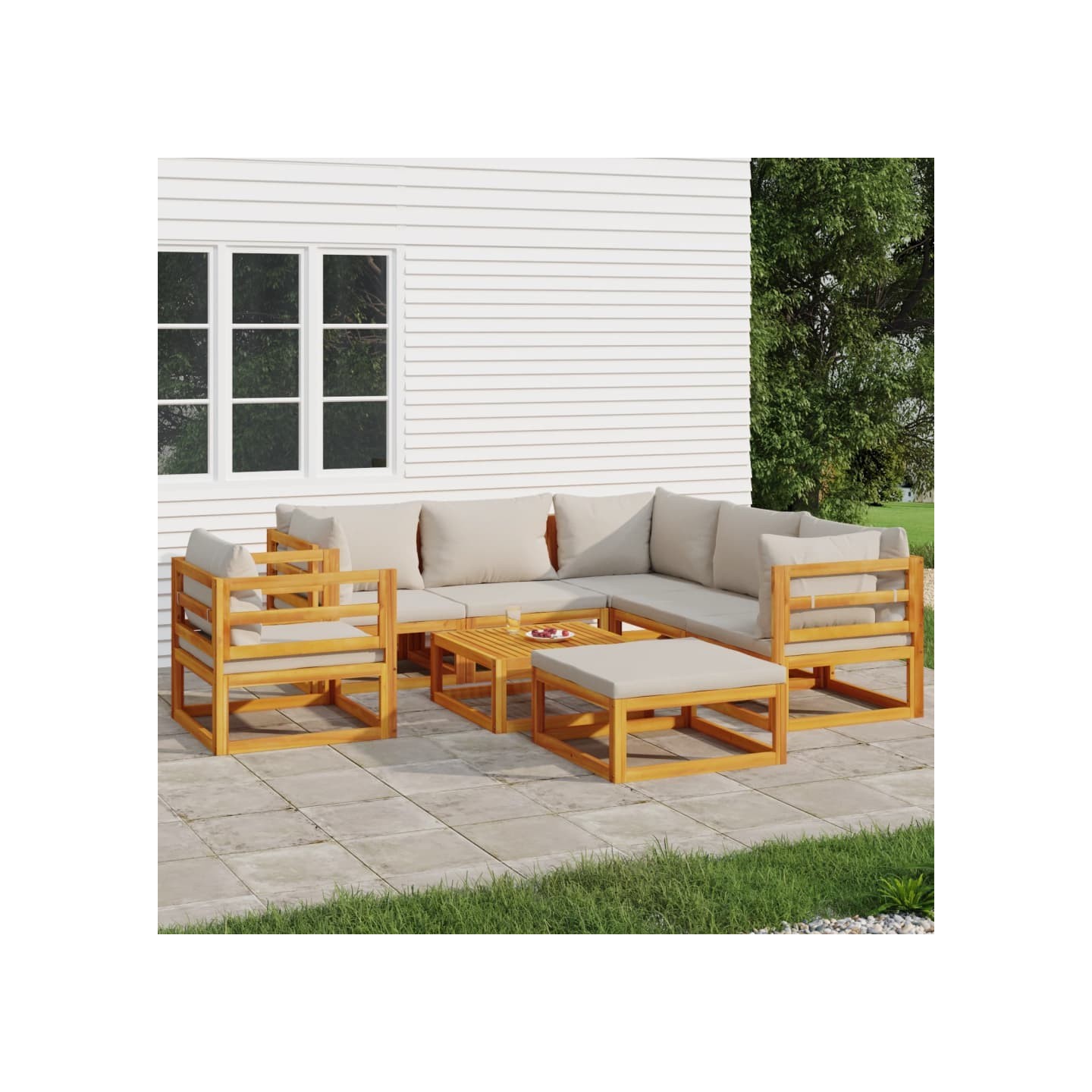 Salon de jardin 8 pcs avec coussins gris clair bois massif