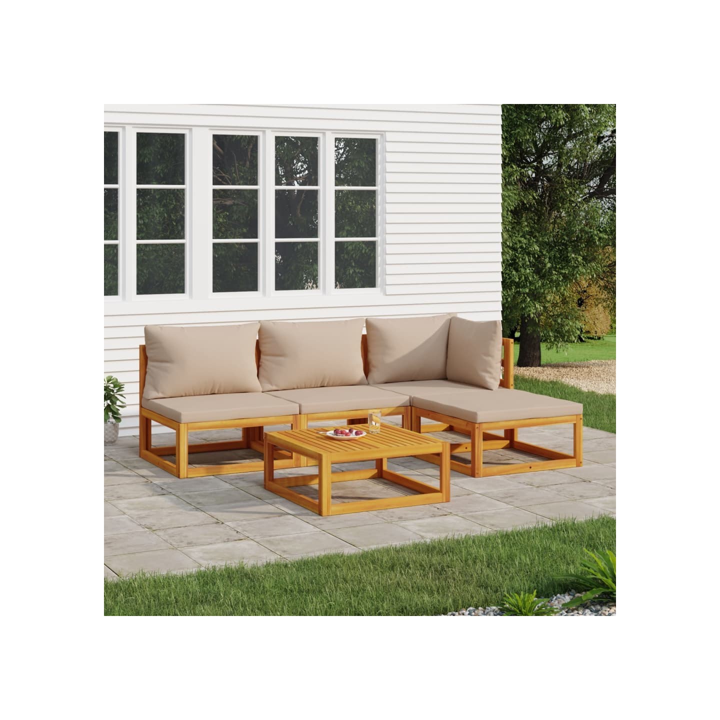 Salon de jardin 5 pcs avec coussins taupe bois massif