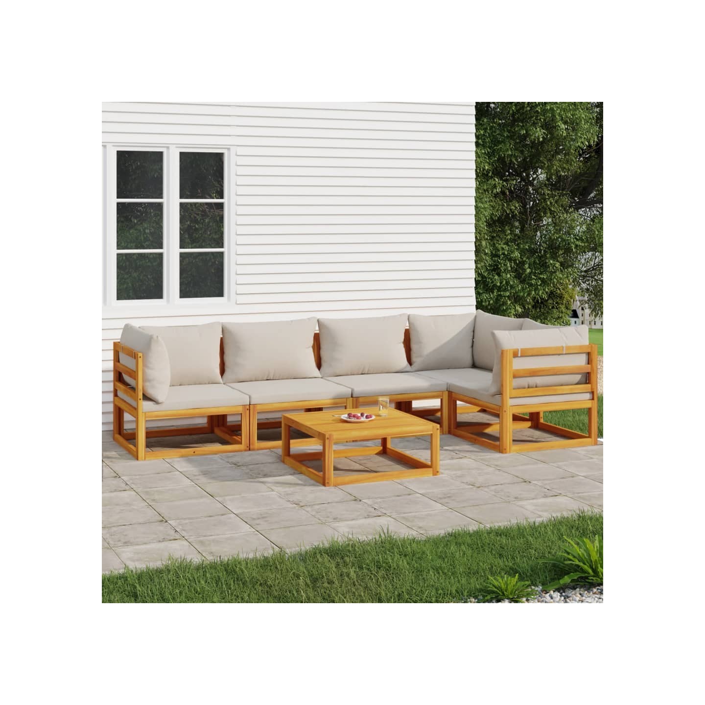 Salon de jardin 6 pcs avec coussins gris clair bois massif
