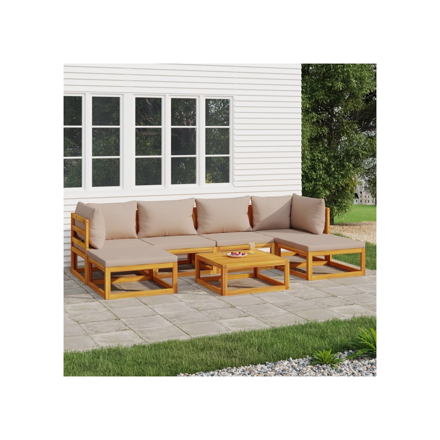 Salon de jardin 7 pcs avec coussins taupe bois massif