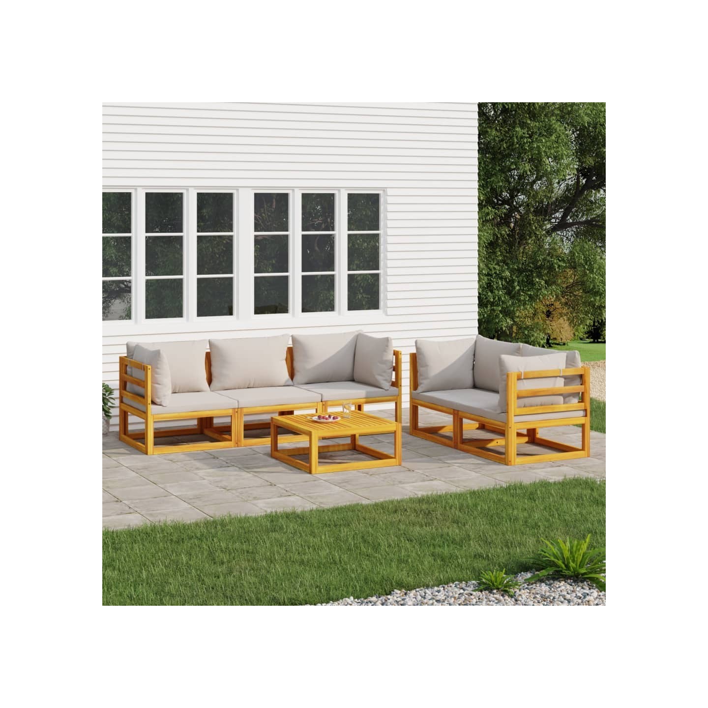 Salon de jardin 6 pcs avec coussins gris clair bois massif