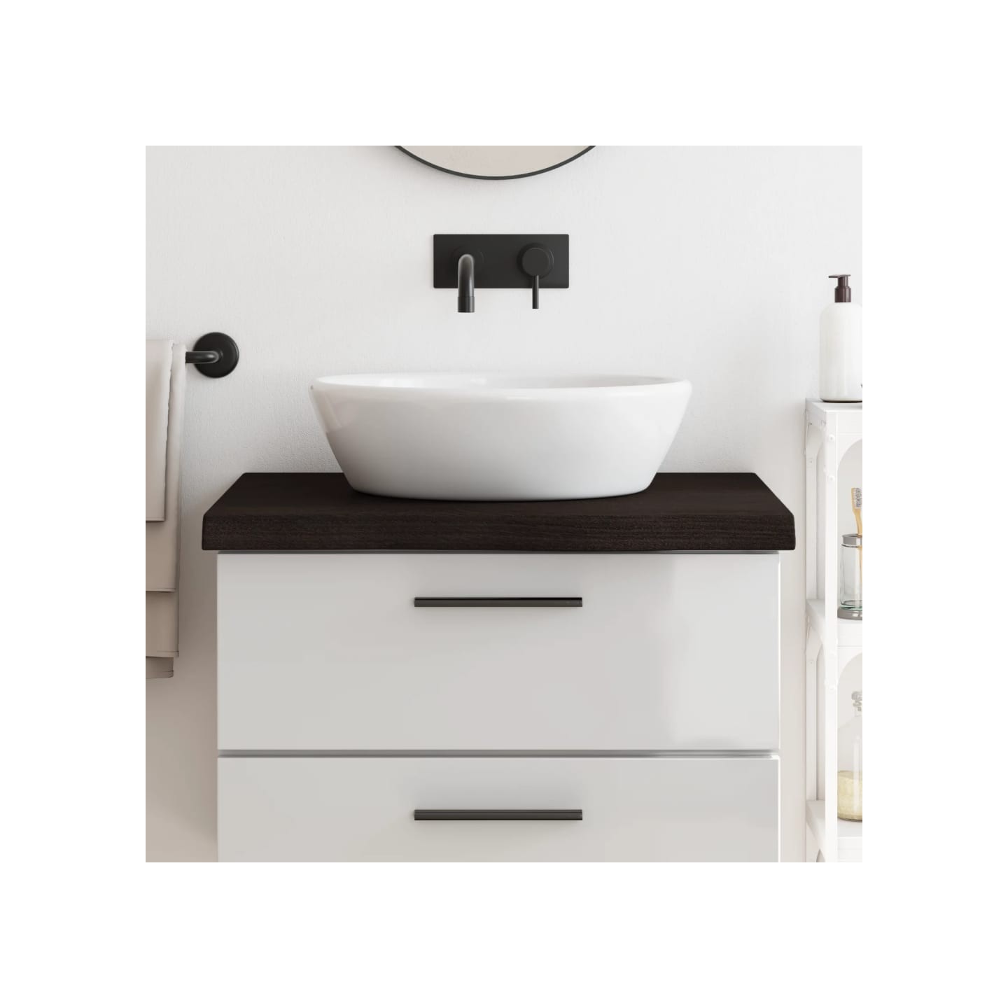 Comptoir de salle de bain marron foncé bois massif traité