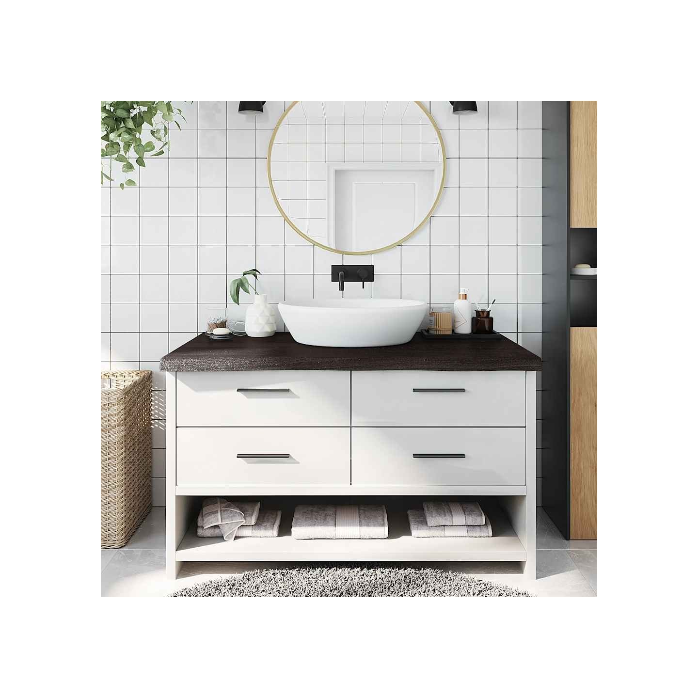 Comptoir de salle de bain marron foncé bois massif traité