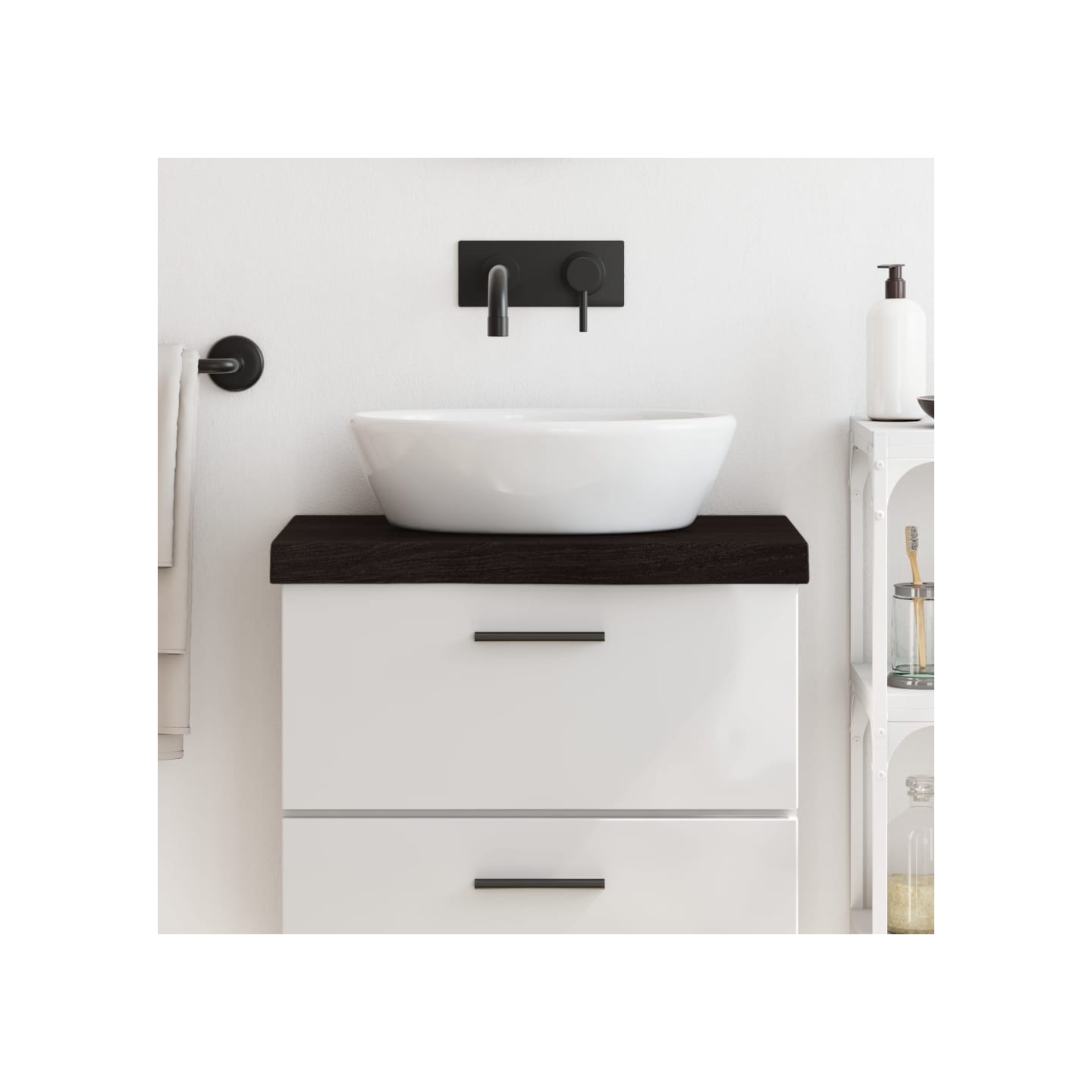 Comptoir de salle de bain marron foncé bois massif traité