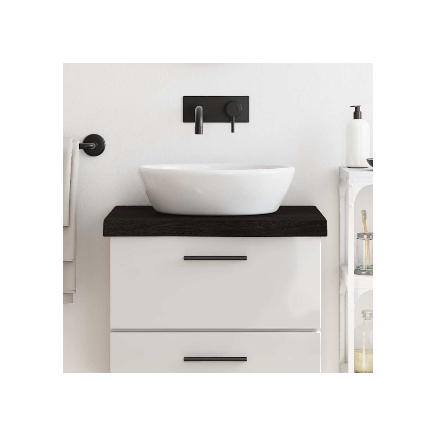 Comptoir de salle de bain marron foncé bois massif traité
