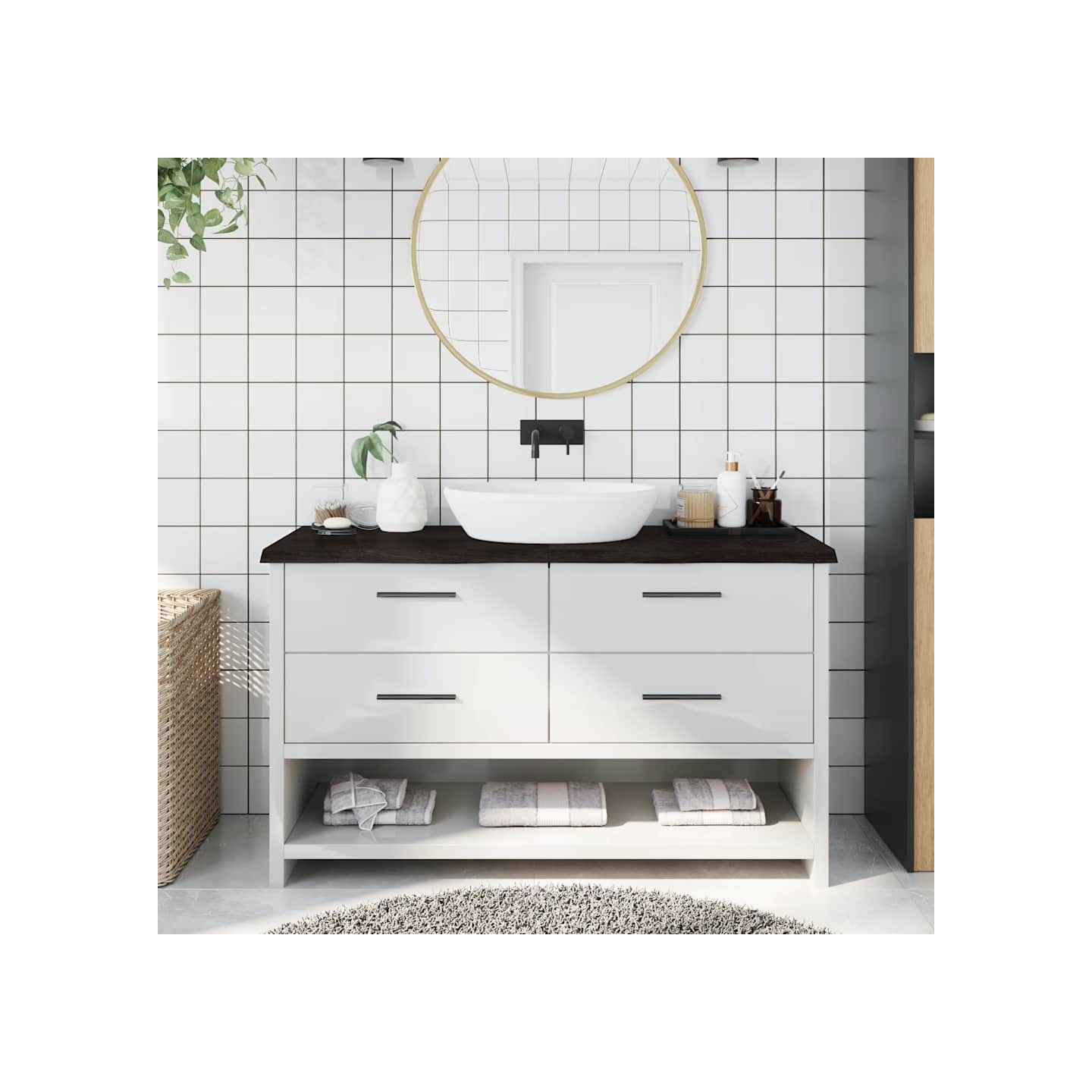 Comptoir de salle de bain marron foncé bois massif traité