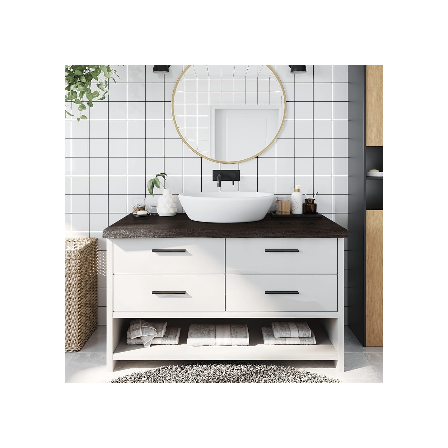 Comptoir de salle de bain marron foncé bois massif traité