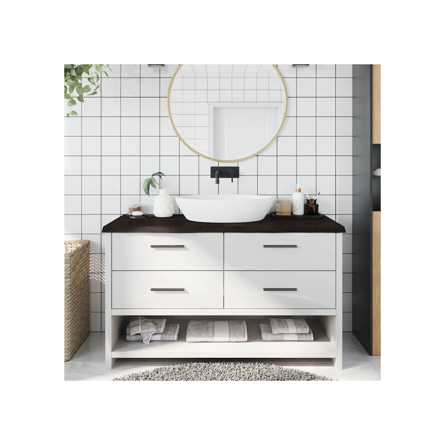 Comptoir de salle de bain marron foncé bois massif traité