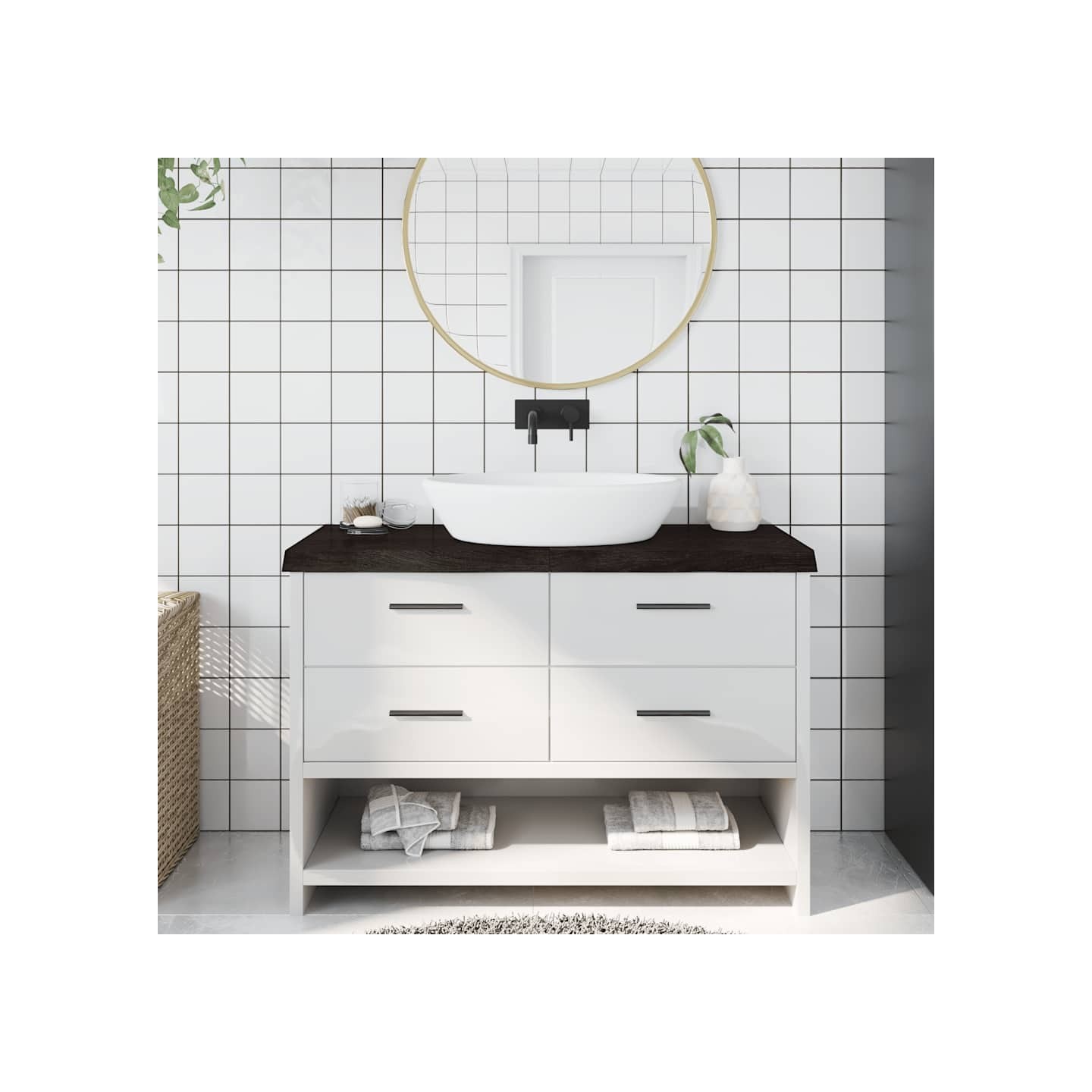 Comptoir de salle de bain marron foncé bois massif traité