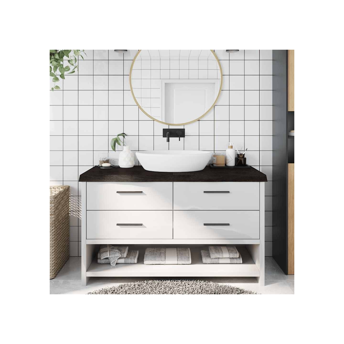 Comptoir de salle de bain marron foncé bois massif traité