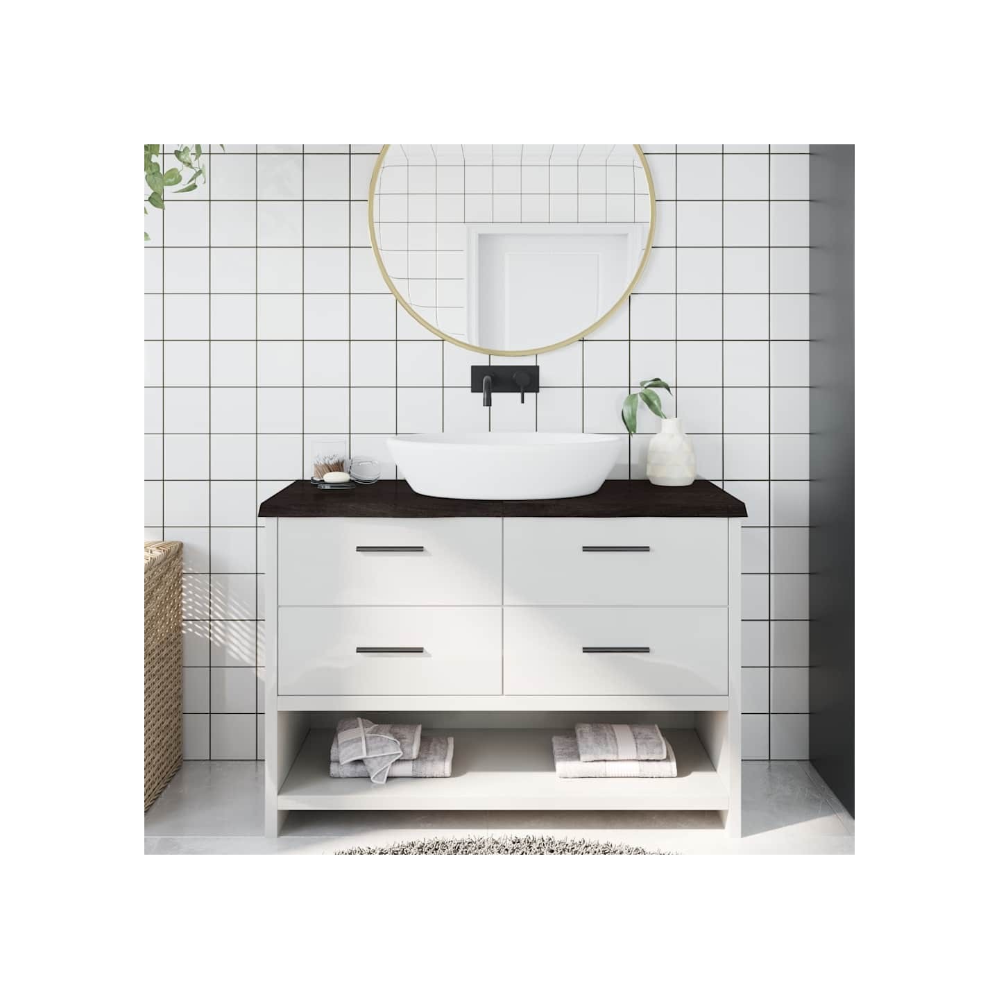 Comptoir de salle de bain marron foncé bois massif traité