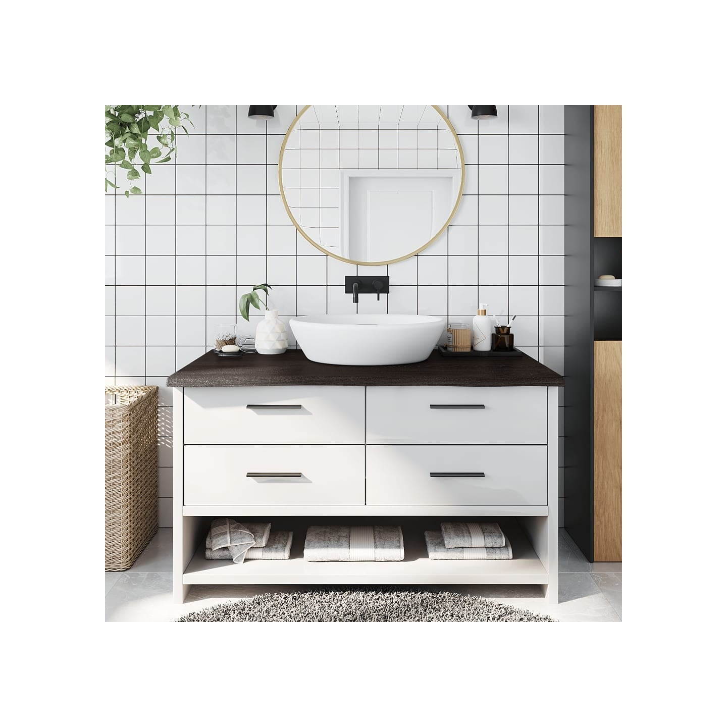 Comptoir de salle de bain marron foncé bois massif traité