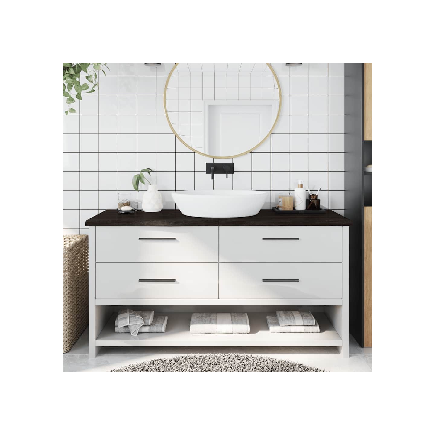 Comptoir de salle de bain marron foncé bois massif traité