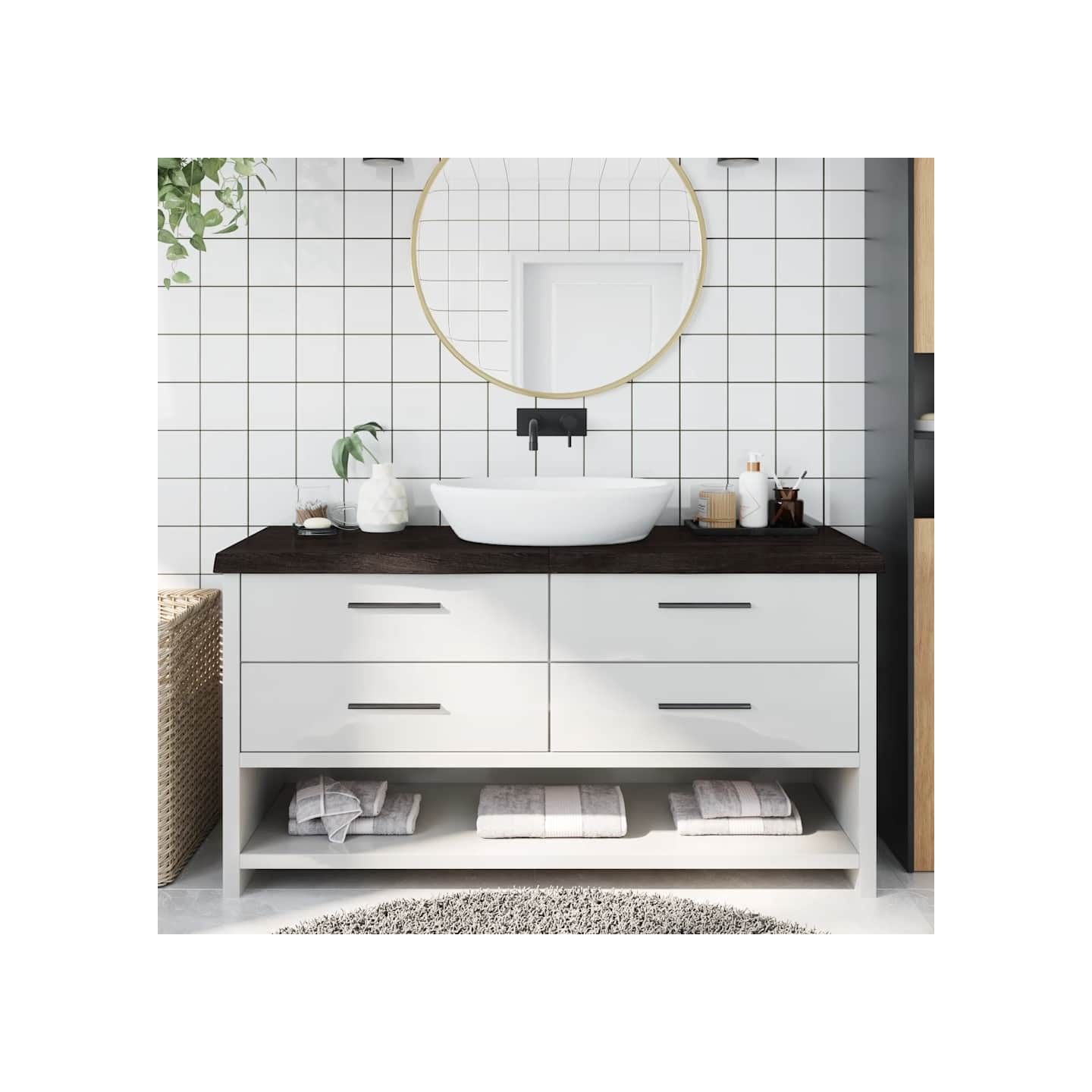 Comptoir de salle de bain marron foncé bois massif traité
