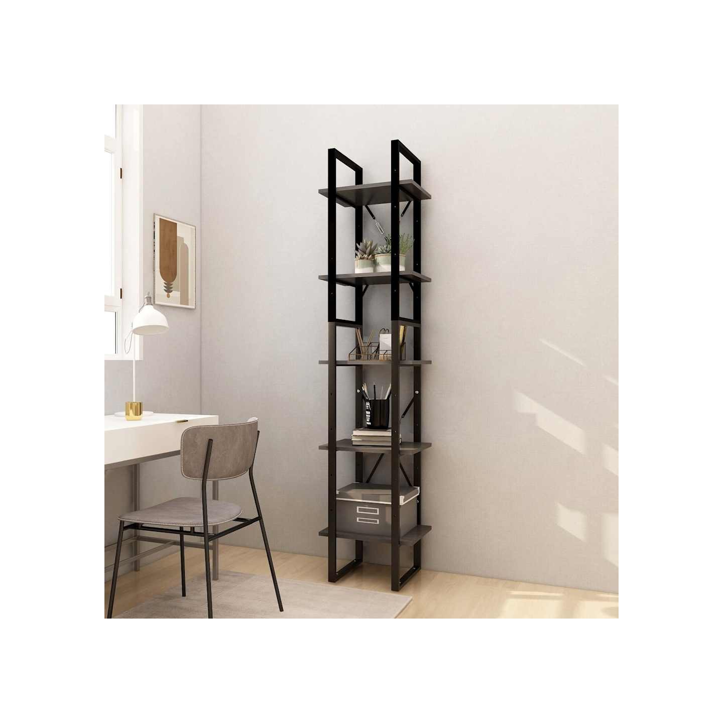 Bibliothèque à 5 niveaux Gris 40x30x175 cm Bois de pin