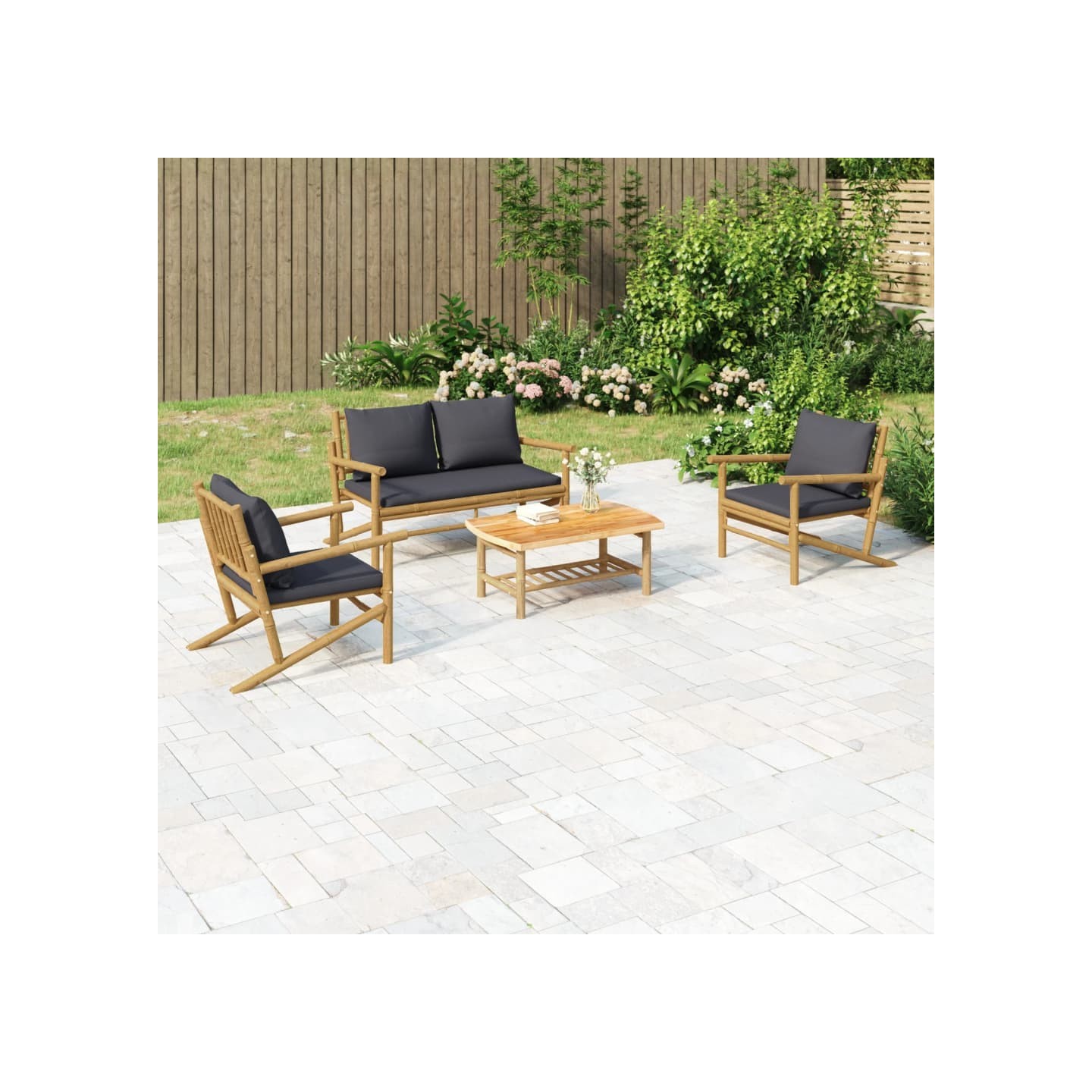 Salon de jardin 4 pcs avec coussins gris foncé bambou