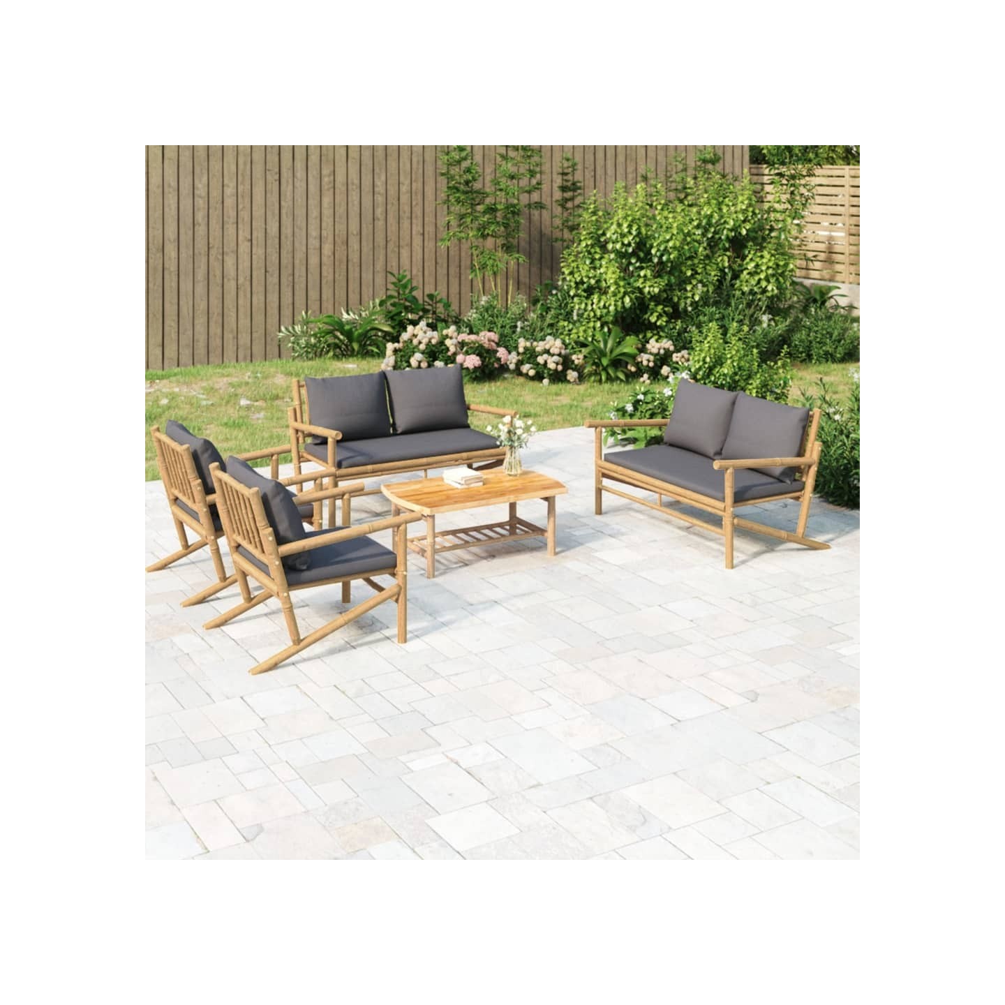 Salon de jardin 5 pcs avec coussins gris foncé bambou