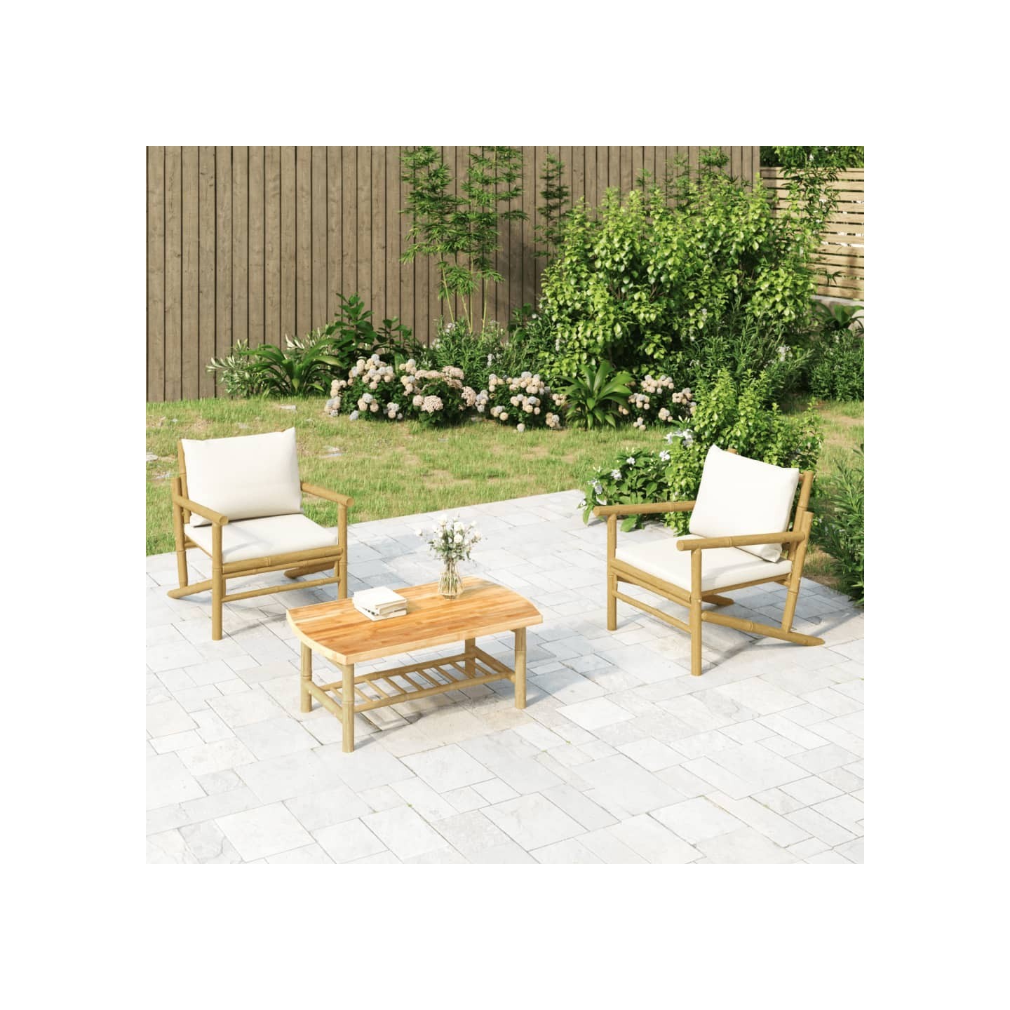 Salon de jardin 3 pcs avec coussins blanc crème bambou
