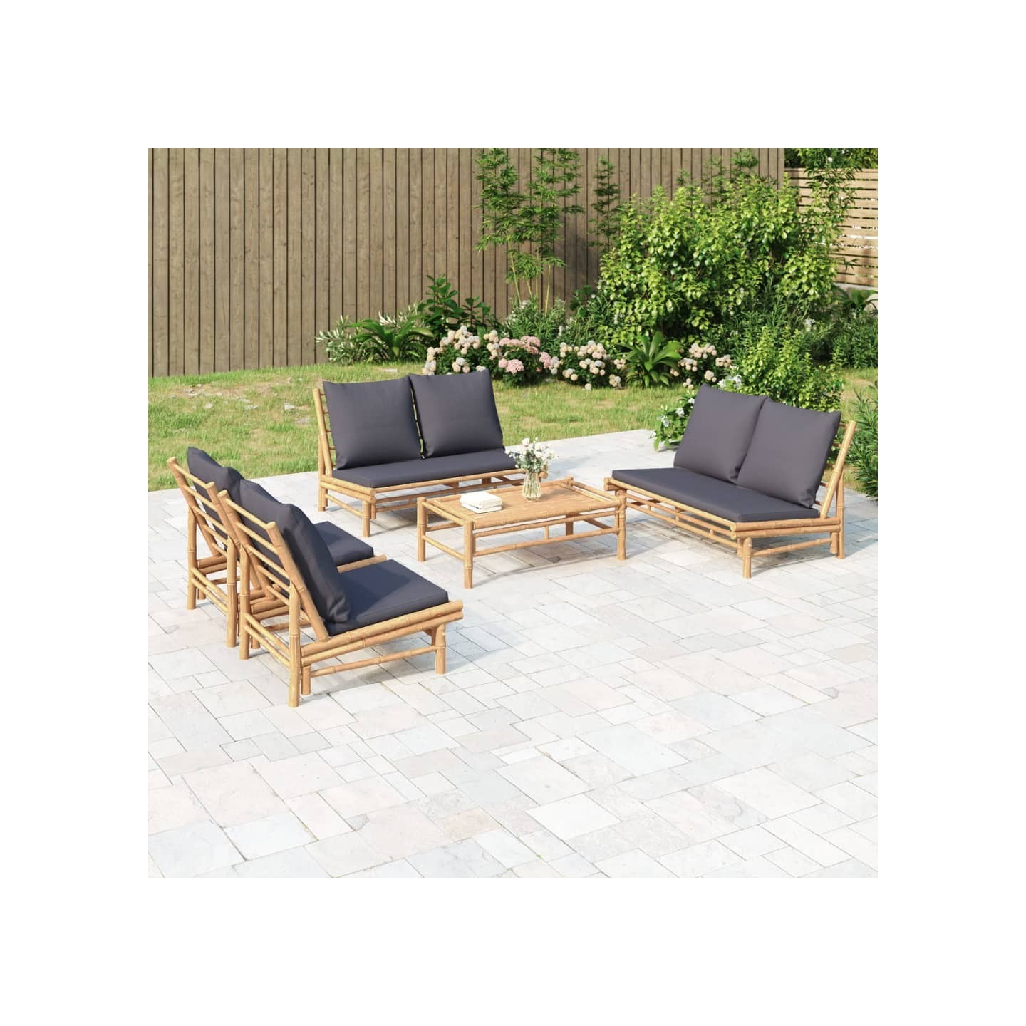 Salon de jardin 5 pcs avec coussins gris foncé bambou